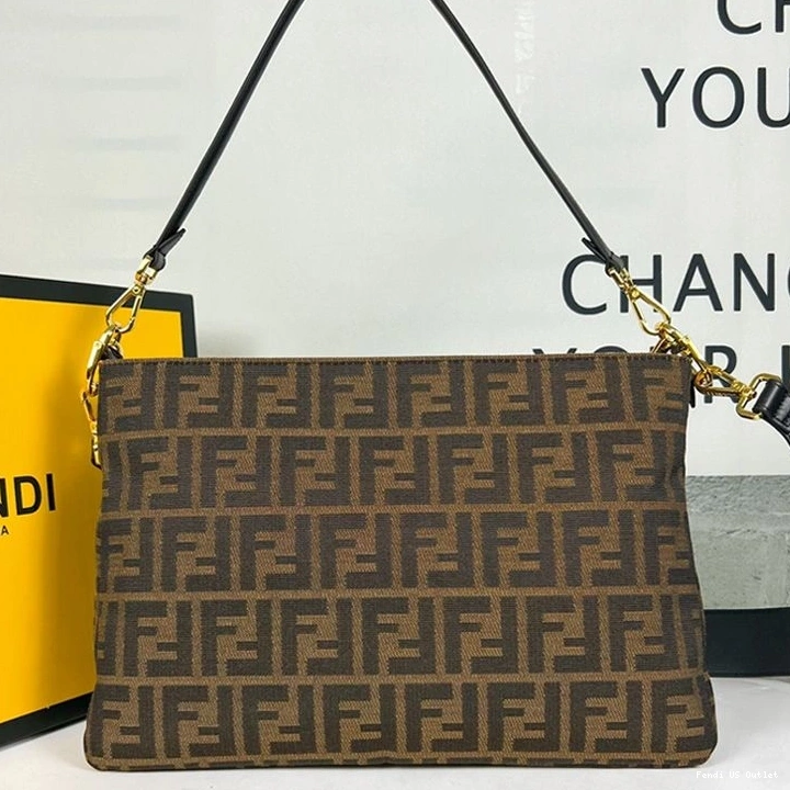 Vintage HOT FF In Fendi Fabric Motif Bag Shoulder Zip O'Lock Brown 0823